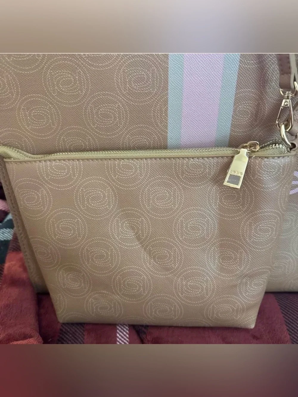 bebe Pink and Tan Logo Stripe Tote with Matching Pouch